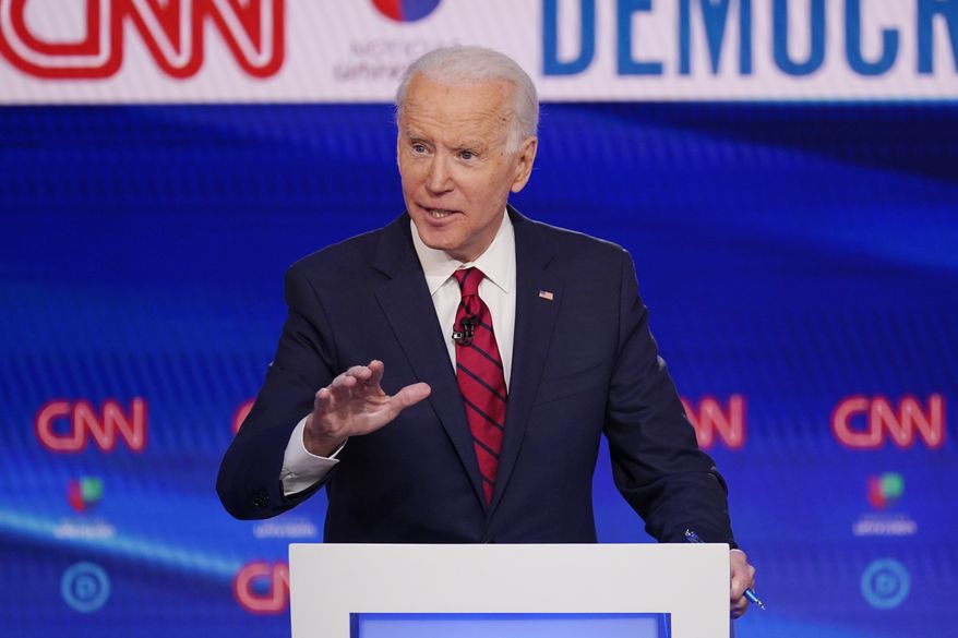 Vice President Joe Biden, participates in a Democratic presidential primary debate at CNN Studios, Sunday, March 15, 2020, in Washington. (AP Photo/Evan Vucci)