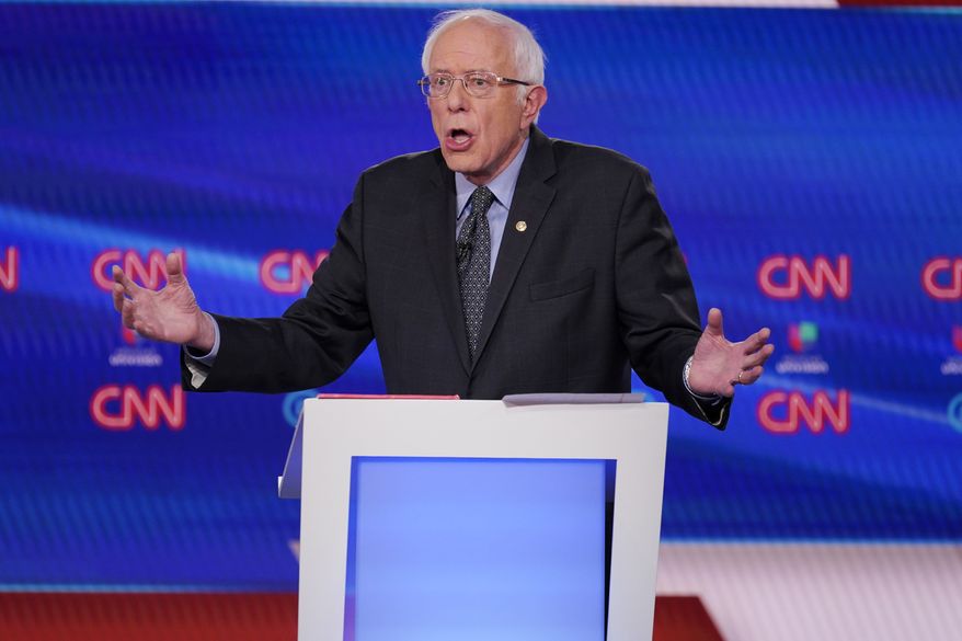 Sen. Bernie Sanders, I-Vt., participates in a Democratic presidential primary debate with former Vice President Joe Biden at CNN Studios, Sunday, March 15, 2020, in Washington. (AP Photo/Evan Vucci)
