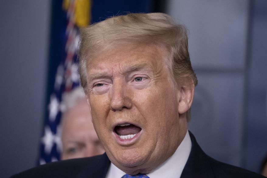 President Donald Trump speaks during a briefing about the coronavirus in the James Brady Press Briefing Room of the White House, Sunday, March 15, 2020, in Washington. (AP Photo/Alex Brandon)