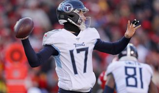 Tennessee Titans&#x27; Ryan Tannehill throws during the first half of the NFL AFC Championship football game against the Kansas City Chiefs Sunday, Jan. 19, 2020, in Kansas City, MO. (AP Photo/Jeff Roberson) ** FILE **