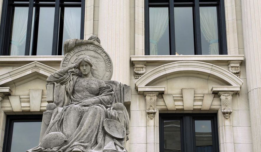 In this Aug. 27, 2014, file photo, statues grace the outside of the Illinois Supreme Court building in Springfield, Ill. (AP Photo/Seth Perlman File)