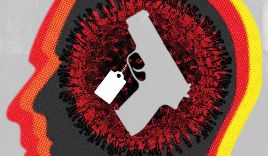 Illustration on coronavirus fears and gun purchases by Linas Garsys/The Washington Times