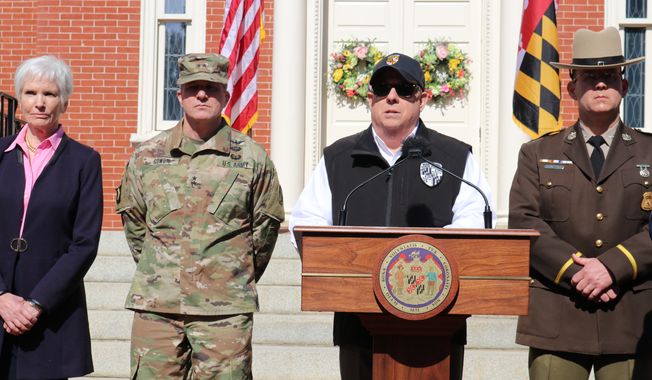 Maryland Gov. Larry Hogan announces an order to close bars, restaurants, gyms and move theaters in the state in response to coronavirus during a news conference at the governor&#x27;s mansion on Monday, March 16, 2020 in Annapolis, Md. From left is Deputy Health Secretary Fran Phillips, Maj. Gen. Timothy Gowen, the adjutant general of the Maryland National Guard, Hogan, and Superintendent of the Maryland State Police Woodrow Jones. (AP Photo/Brian Witte)