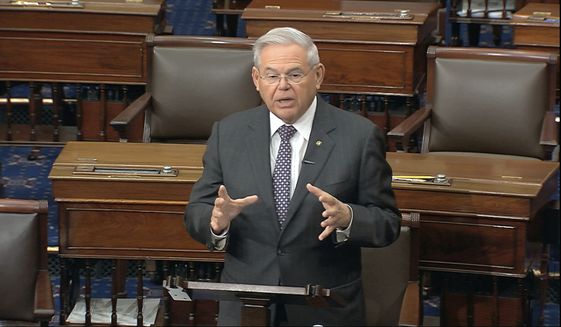 In this image from video, Sen. Robert Menendez, D-N.J., speaks on the Senate floor at the U.S. Capitol in Washington, Tuesday, March 17, 2020. (Senate Television via AP) ** FILE **
