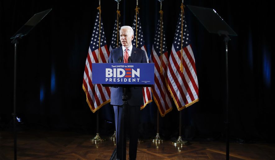 Democratic presidential candidate former Vice President Joe Biden speaks about the coronavirus Thursday, March 12, 2020, in Wilmington, Del. (AP Photo/Matt Rourke)