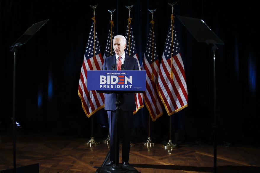 Democratic presidential candidate former Vice President Joe Biden speaks about the coronavirus Thursday, March 12, 2020, in Wilmington, Del. (AP Photo/Matt Rourke)