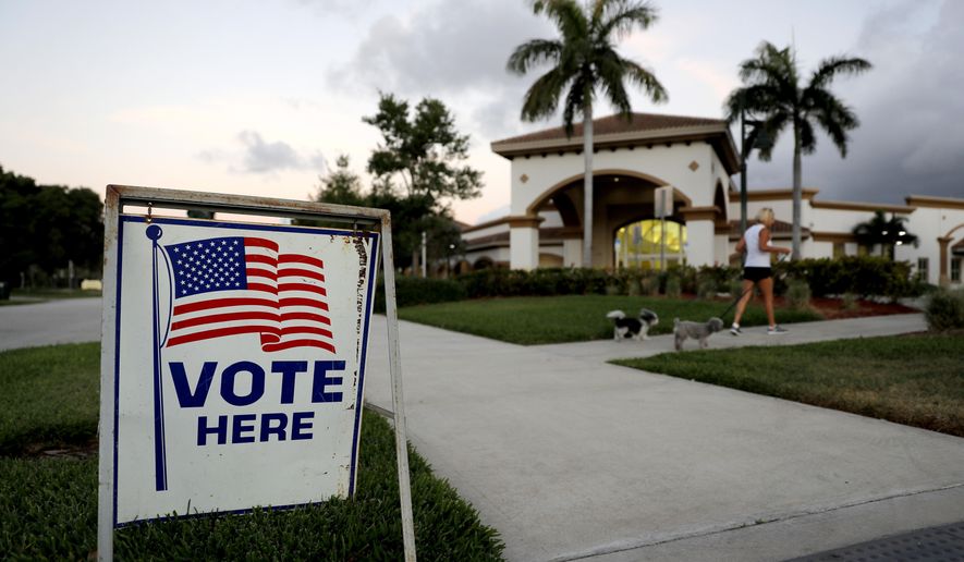 In this file photo, a sign is placed outside of a polling place at the Boca Raton Library during the Florida primary election, Tuesday, March 17, 2020, in Boca Raton, Fla.   (AP Photo/Julio Cortez)  **FILE**