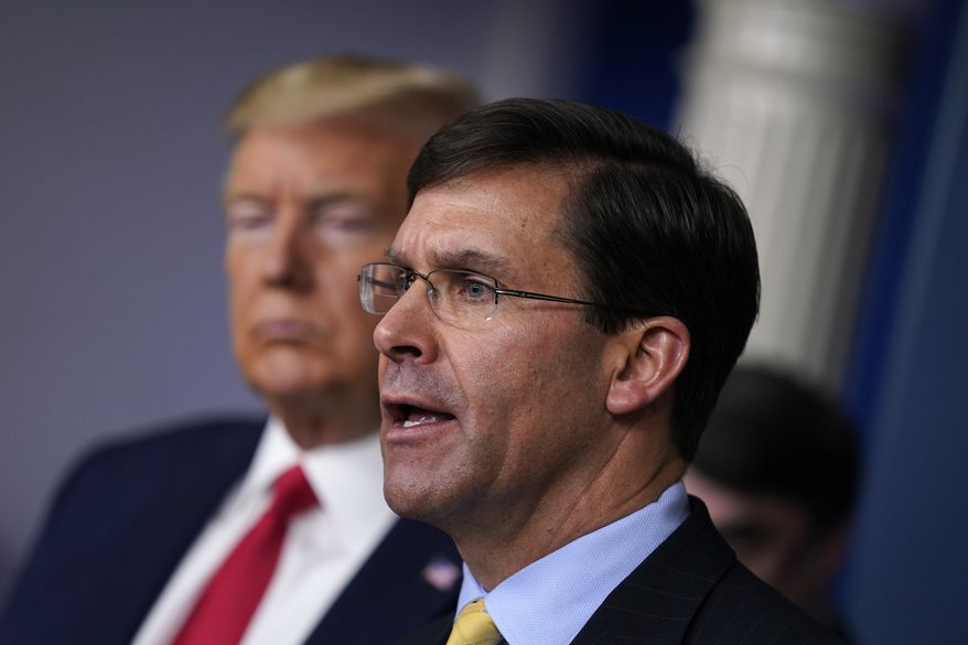 Defense Secretary Mark Esper speaks as President Donald Trump listens during press briefing with the Coronavirus Task Force, at the White House, Wednesday, March 18, 2020, in Washington. (AP Photo/Evan Vucci)
