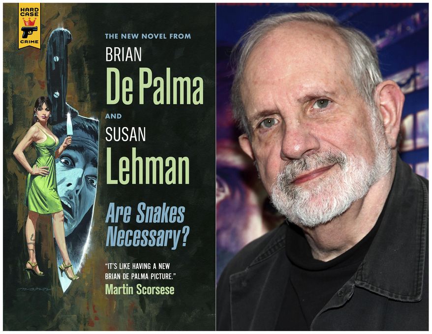 This combination photo shows the cover of "Are Snakes Necessary?", a novel by Brian De Palma and Susan Lehman, left, and a De Palma at a film screening in New York on June 9, 2016. De Palma's debut novel will be released on March 17. (Hard Case Crime, left, and AP Photo)