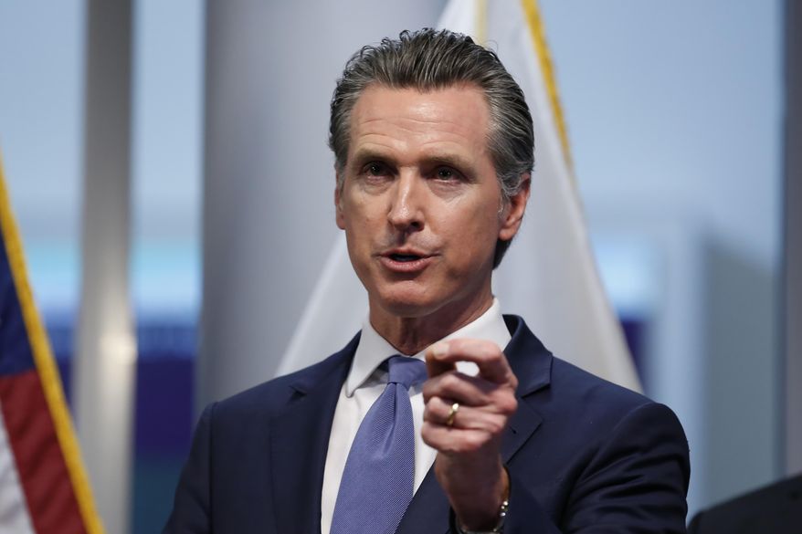 California Gov. Gavin Newsom updates the state&#39;s response to the coronavirus, at the Governor&#39;s Office of Emergency Services in Rancho Cordova Calif., Tuesday, March 17, 2020. (AP Photo/Rich Pedroncelli, Pool)