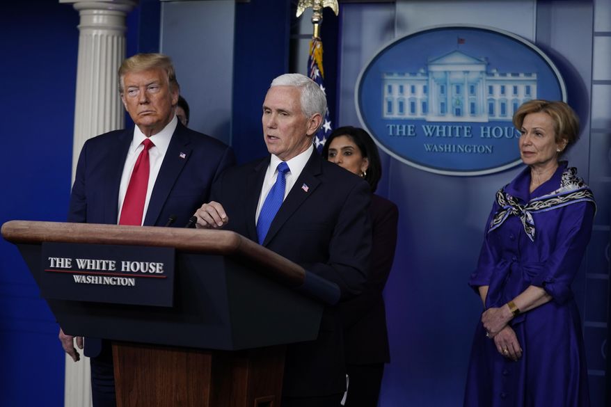 Vice President Mike Pence speaks during press briefing with the Coronavirus Task Force, at the White House, Wednesday, March 18, 2020, in Washington. (AP Photo/Evan Vucci)