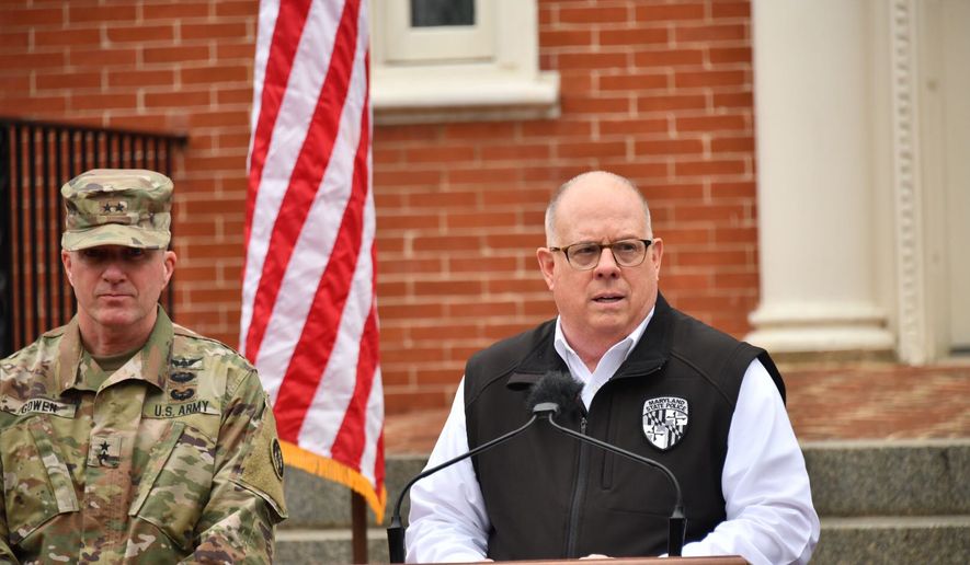 In this file photo, Maryland Gov. Larry Hogan Hogan gives an update on the coronavirus pandemic Thursday, March 19, 2020, at the State House in Annapolis. (Amy Davis/The Baltimore Sun via AP) ** FILE **