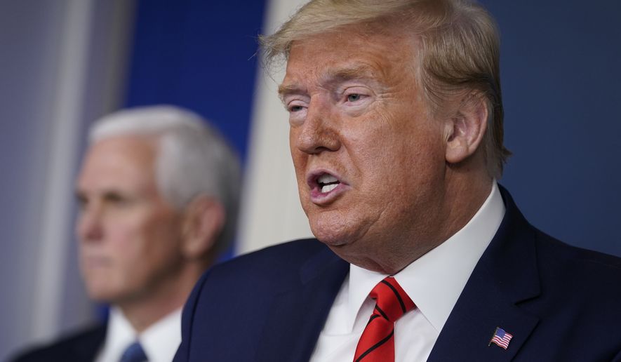 President Donald Trump speaks during press briefing with the coronavirus task force, at the White House, Thursday, March 19, 2020, in Washington. Vice President Mike Pence is at left. (AP Photo/Evan Vucci)