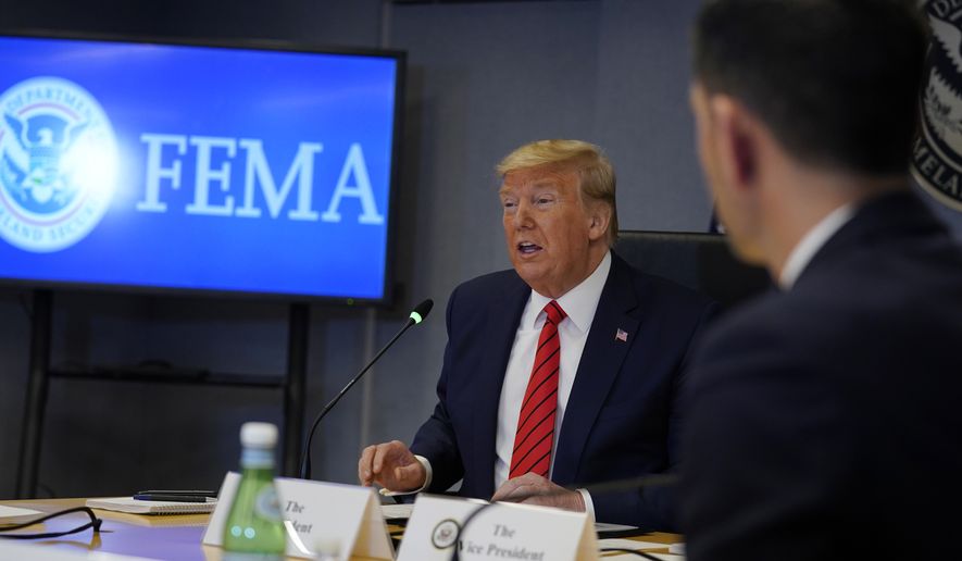 President Donald Trump speaks during a teleconference with governors at the Federal Emergency Management Agency headquarters, Thursday, March 19, 2020, in Washington. (AP Photo/Evan Vucci, Pool)