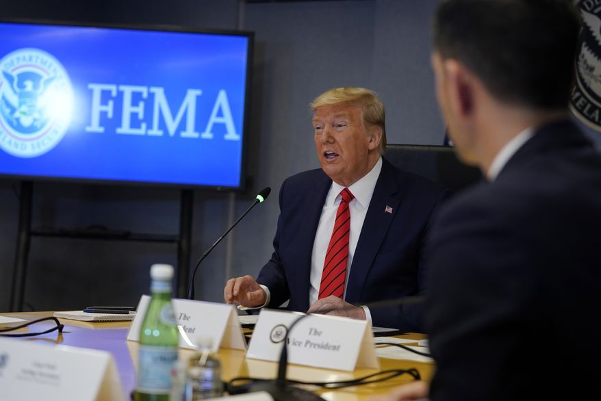 President Donald Trump speaks during a teleconference with governors at the Federal Emergency Management Agency headquarters, Thursday, March 19, 2020, in Washington. (AP Photo/Evan Vucci, Pool)