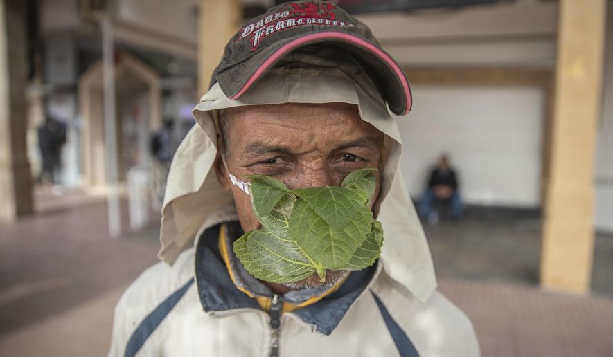 A street vendor, Abderrahim, 55, poses for a portrait while wearing a makeshift face mask made of fig leaves, in the Medina of Rabat, Morocco, Wednesday, March 18, 2020. For most people, the new coronavirus causes only mild or moderate symptoms, such as fever and cough. For some, especially older adults and people with existing health problems, it can cause more severe illness, including pneumonia. (AP Photo/Mosa'ab Elshamy)