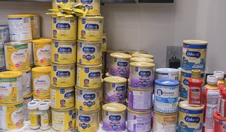 In this Saturday, Jan. 5, 2019, file photo, different kinds of baby formula line a shelf in Mankato, Minn. (Jackson Forderer/The Free Press via AP) ** FILE **
