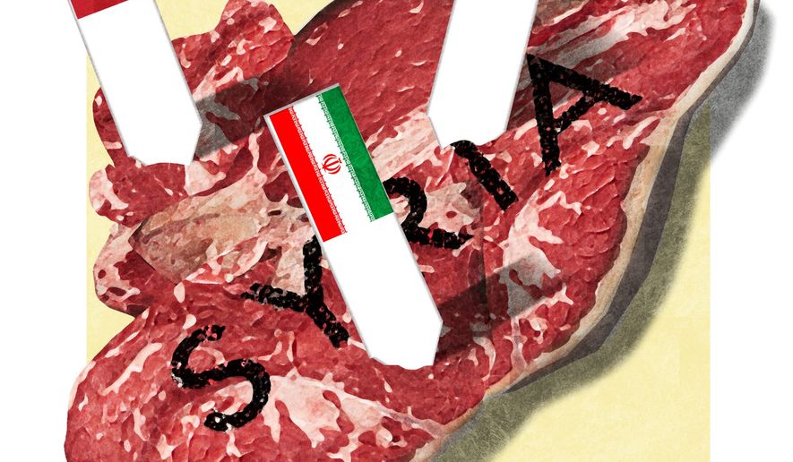 Illustration on international designs on Syria by Alexanderia Hunter/The Washington Times