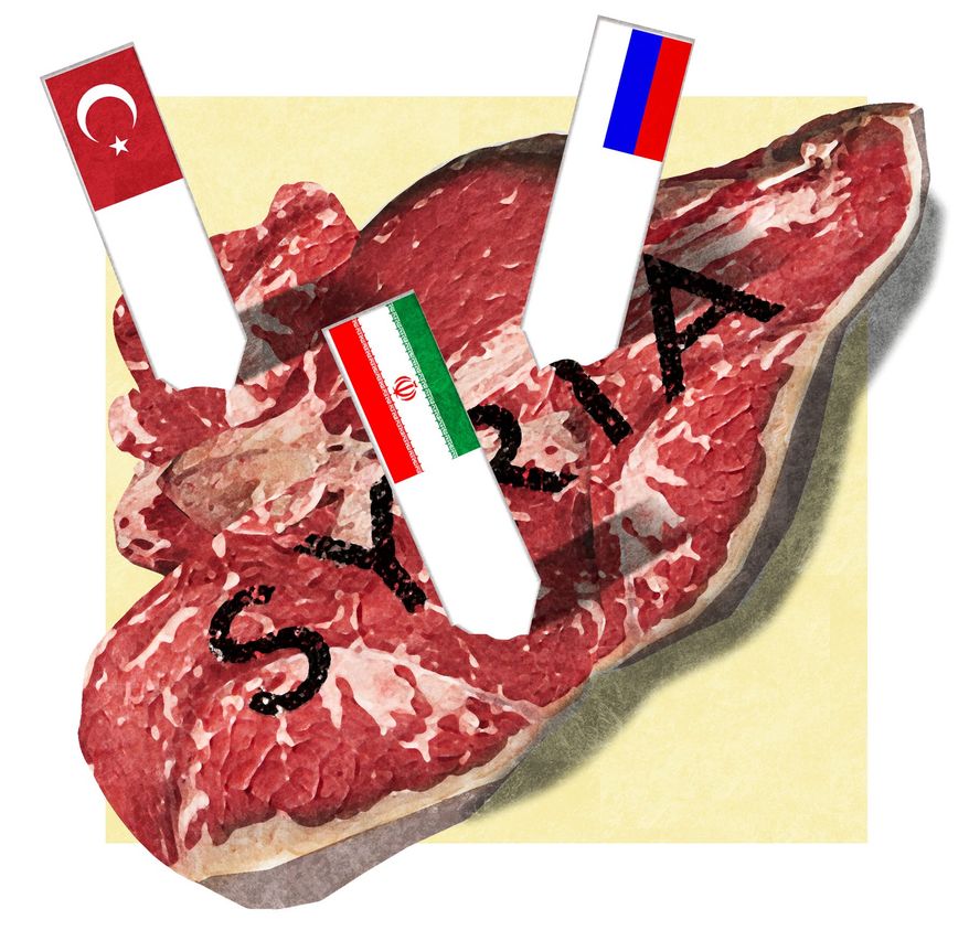 Illustration on international designs on Syria by Alexanderia Hunter/The Washington Times