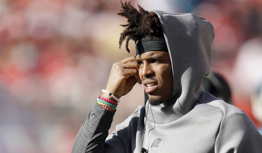 FILE - In this Oct. 27, 2019, file photo, Carolina Panthers quarterback Cam Newton stands on the sidelines during the second half of an NFL football game against the against the San Francisco 49ers in Santa Clara, Calif Jameis Winston, Jadeveon Clowney and Newtown didn't have to wait long at all to find homes in the NFL when they came out of college. The three former No. 1 overall draft picks are finding things moving much more slowly as they search for new homes or contracts this offseason. (AP Photo/Ben Margot) ** FILE **