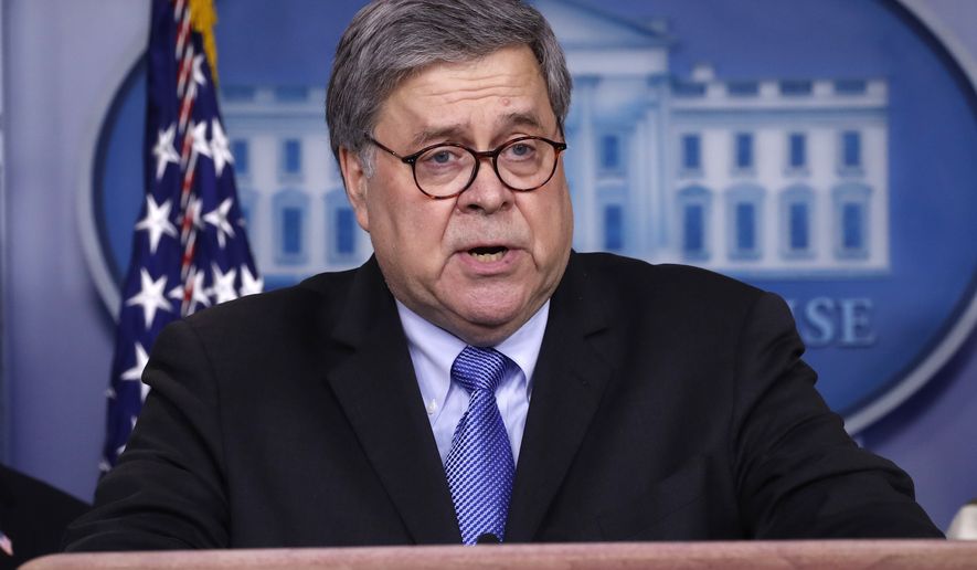 Attorney General William Barr speaks about the coronavirus in the James Brady Briefing Room, Monday, March 23, 2020, in Washington. (AP Photo/Alex Brandon)