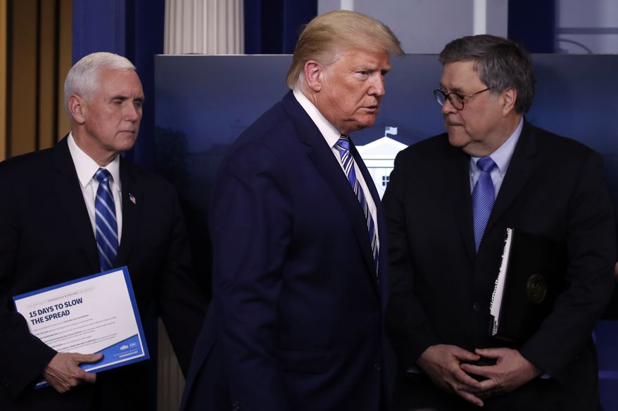 President Donald Trump arrives with Vice President Mike Pence and Attorney General William Barr to speak about the coronavirus in the James Brady Briefing Room, Monday, March 23, 2020, in Washington. (AP Photo/Alex Brandon)