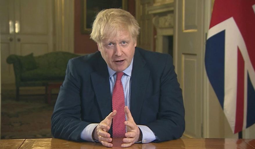 In this screen grab taken from video, Britain&#x27;s Prime Minister Boris Johnson addresses the nation from 10 Downing Street, in London, Monday March 23, 2020. Johnson has ordered the closure of most retail stores and banned gatherings for three in a stepped-up response to slow the new coronavirus. The measures Johnson announced in an address to the nation on Monday night a mark a departure from the British government&#x27;s until-now more relaxed approach to the worldwide COVID-19 pandemic. (UK Pool via AP)