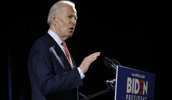 Democratic presidential candidate former Vice President Joe Biden speaks about the coronavirus Thursday, March 12, 2020, in Wilmington, De. (AP Photo/Matt Rourke) **FILE**