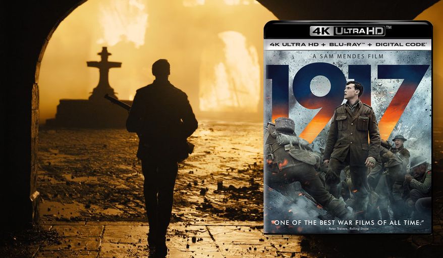 A burning church illuminates a destroyed French town in &quot;1917,&quot; now available on 4K Ultra HD from Universal Studios Home Entertainment.