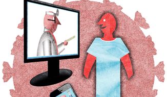 Illustration on the virtues of telehealth systems by Alexander Hunter/The Washington Times