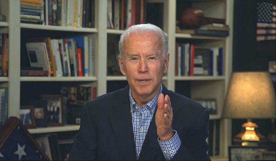 In this image from video provided by the Biden for President campaign, Democratic presidential candidate former Vice President Joe Biden speaks during a virtual press briefing Wednesday, March 25, 2020. (Biden for President via AP)  **FILE**