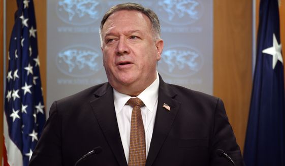 Secretary of State Mike Pompeo speaks during a news conference at the State Department on Wednesday, March 25, 2020, in Washington. (Andrew Caballero-Reynolds/Pool Photo via AP)