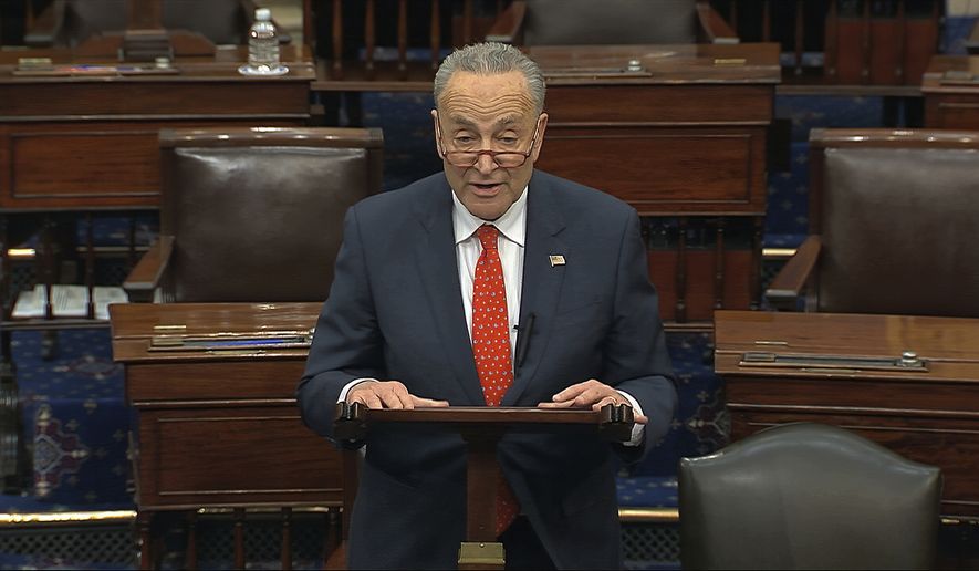 In this image from video, Senate Minority Leader Chuck Schumer, D-N.Y., speaks on the Senate floor at the U.S. Capitol in Washington, Wednesday, March 25, 2020. (Senate Television via AP)