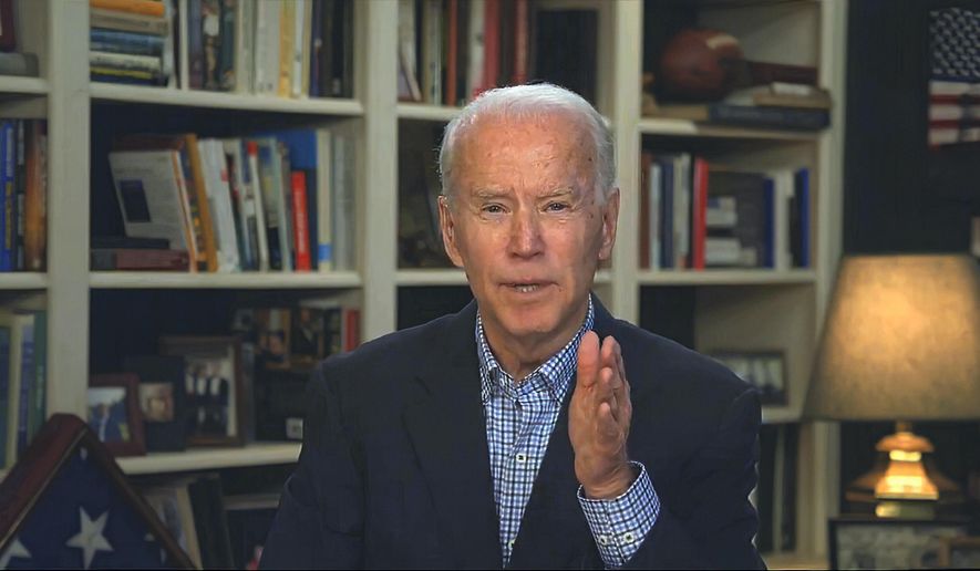 In this image from video provided by the Biden for President campaign, Democratic presidential candidate former Vice President Joe Biden speaks during a virtual press briefing Wednesday, March 25, 2020. (Biden for President via AP)