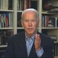 In this image from video provided by the Biden for President campaign, Democratic presidential candidate former Vice President Joe Biden speaks during a virtual press briefing Wednesday, March 25, 2020. (Biden for President via AP)