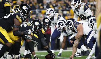 FILE - In this Nov. 10, 2019, file photo, the Pittsburgh Steelers offense, left, lines up against the Los Angeles Rams&#39; defense during the first half of an NFL football game in Pittsburgh. The NFL&#39;s decision to expand the playoffs from 12 to 14 teams this season could have a major impact on the league based on how things have played out in the past.(AP Photo/Don Wright, File)