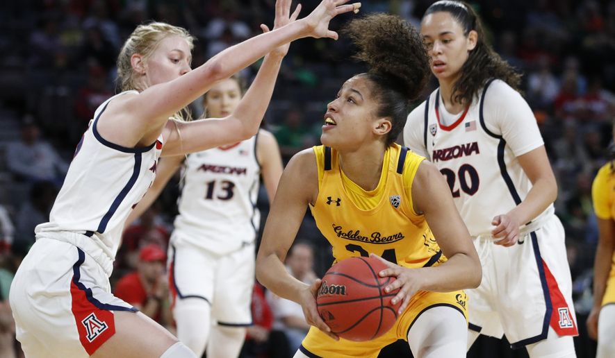FILE - In this Friday, March 6, 2020, file photo, California's Evelien Lutje Schipholt (24) shoots against Arizona's Cate Reese, left, during the first half of an NCAA college basketball game in the quarterfinal round of the Pac-12 women's tournament in Las Vegas. Lutje Schipholt, from The Netherlands, is one of more than 20,000 foreign athletes currently competing at NCAA schools, according to the organization. With competition canceled across all NCAA divisions because of the new coronavirus, many of those athletes face a dilemma. Their campuses are shut down, but the coronavirus situation in their homeland may be worse than it is in the United States. (AP Photo/John Locher, File)