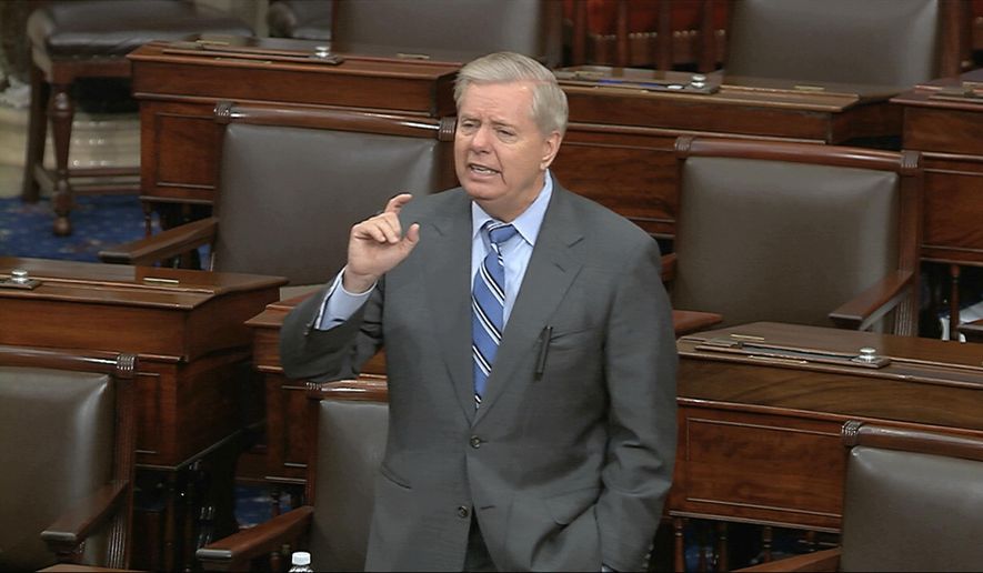 In this image from video, Sen. Lindsey Graham, R-S.C., speaks on the Senate floor at the U.S. Capitol in Washington, Tuesday, March 24, 2020. (Senate Television via AP)