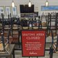 An indoors sitting bar is closed inside the Gelson&#39;s Market in Los Feliz neighborhood of Los Angeles Thursday, March 26, 2020. As supermarkets remained one of the few retail businesses still open, a union representing more than 120,000 grocery store employees and 15,000 who work in drug stores started a petition drive for safer working conditions. The United Food and Commercial Workers International Union locals are asking California Gov. Gavin Newsom to order stores to provide workers with personal protective equipment, hand-washing breaks every 30 minutes, and help with controlling crowds. (AP Photo/Damian Dovarganes)