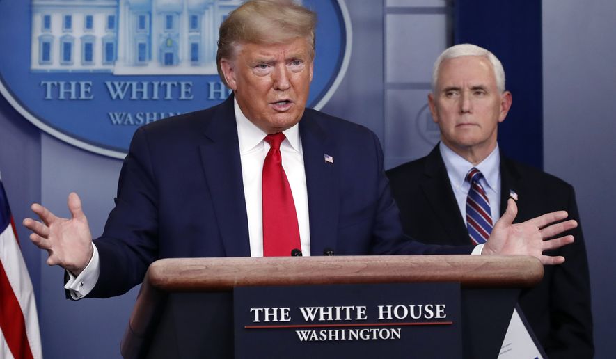 President Donald Trump speaks about the coronavirus in the James Brady Briefing Room, Thursday, March 26, 2020, in Washington, as Vice President Mike Pence listens. (AP Photo/Alex Brandon)