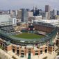 In this aerial photo, Oriole Park at Camden Yards is closed on what would&#39;ve been Opening Day, Thursday March 26, 2020, in Baltimore, Md. The Orioles were slated to host the New York Yankees at the park, but the season has been delayed due to the coronavirus outbreak. (AP Photo/Steve Helber) **FILE**