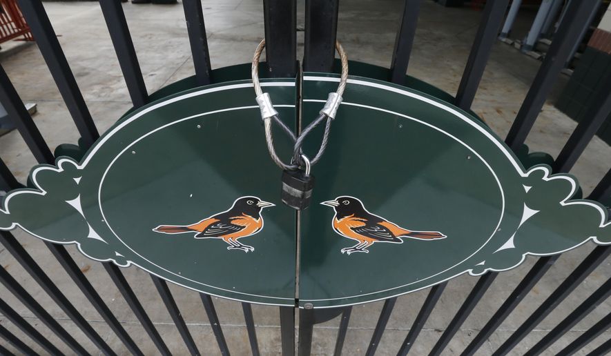Locked gates and empty walkways are shown at Oriole Park at Camden Yards, home of the Baltimore Orioles baseball team, on what was to be opening day March 26, 2020, in Baltimore, Md. (AP Photo/Steve Helber)