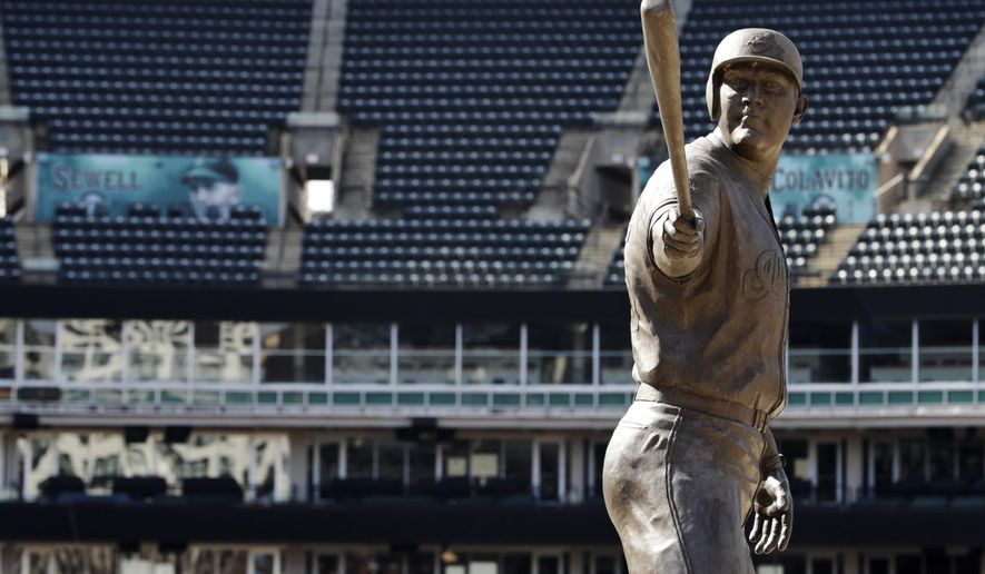 A statue of former Cleveland Indians Jim Thome stands in an empty Progressive Field, March 26, 2020, in Cleveland. The Cleveland Indians were scheduled to play the Detroit Tigers in an Opening Day baseball game Thursday but the season has been postponed due to the coronavirus. (AP Photo/Tony Dejak)