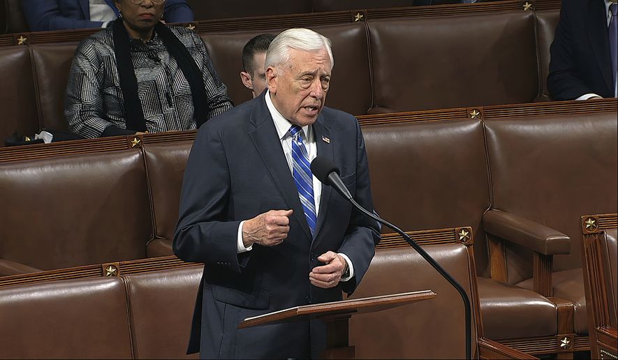 In this file image from video, House Majority Leader Steny Hoyer of Md., speaks on the floor of the House of Representatives at the U.S. Capitol in Washington, Friday, March 27, 2020. (House Television via AP)  **FILE**