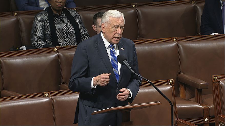 In this file image from video, House Majority Leader Steny Hoyer of Md., speaks on the floor of the House of Representatives at the U.S. Capitol in Washington, Friday, March 27, 2020. (House Television via AP) **FILE**