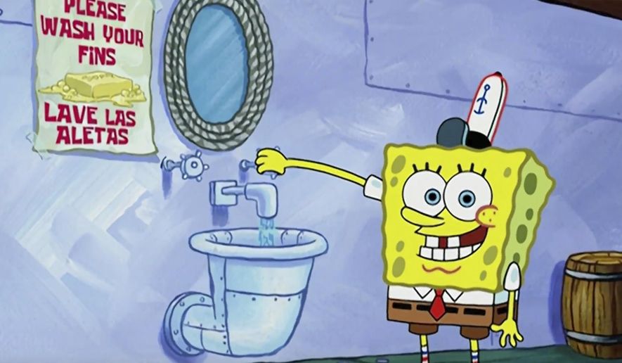 This image released by Nickelodeon shows animated character SpongeBob SquarePants demonstrating effective handwashing in a video to be shown on Nickelodeon’s cable and digital platforms. Nickelodeon is airing a special with a “kid’s-eye view” of the coronavirus pandemic to address youngsters&#39; concerns and help families weather the crisis, the channel said Friday.  The special, also showing on TeenNick and Nicktoons, is part of the #KidsTogether initiative that launched this month and enlists familiar Nick faces to help people stay healthy and active. (Nickelodeon via AP)