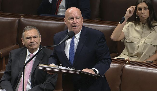 In this file image from video, Rep. Kevin Brady, R-Texas, speaks on the floor of the House of Representatives at the U.S. Capitol in Washington, Friday, March 27, 2020. (House Television via AP)  **FILE**