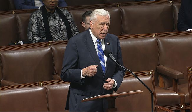 In this image from video, House Majority Leader Steny Hoyer of Md., speaks on the floor of the House of Representatives at the U.S. Capitol in Washington, Friday, March 27, 2020. (House Television via AP) ** FILE **