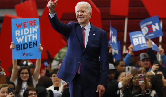 In this March 9, 2020, file photo, Democratic presidential candidate former Vice President Joe Biden speaks during a campaign rally at Renaissance High School in Detroit. (AP Photo/Paul Sancya, File)