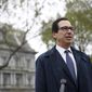 Treasury Secretary Steve Mnuchin speaks with reporters about economic impacts of the coronavirus outside the White House, Sunday, March 29, 2020, in Washington. (AP Photo/Patrick Semansky)